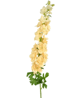 Eine einzelne künstliche Blume Delphinium 105 cm cremefarben mit mehreren hellgelben Blüten und grünen Blättern, vor einem schlichten weißen Hintergrund.