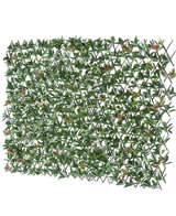 Die künstliche Hecke Photonia Extendable 200x100 cm ist ein rechteckiger ausziehbarer Zaun mit künstlichen grünen Blättern und rosa Blüten, dargestellt vor einem weißen Hintergrund.
