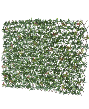 Die künstliche Hecke Photonia Extendable 200x100 cm ist ein rechteckiger ausziehbarer Zaun mit künstlichen grünen Blättern und rosa Blüten, dargestellt vor einem weißen Hintergrund.