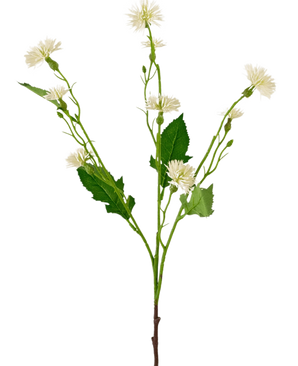 Das künstliche Blumen-Gänseblümchen-Spray 54 cm mit weißem Strahl hat einen einzelnen grünen Stiel mit verzweigten Büscheln aus kleinen, weißen, gänseblümchenähnlichen Blüten und unregelmäßigen grünen Blättern vor einem schlichten weißen Hintergrund.