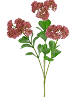 Ein künstlicher Sedumzweig, 56 cm, rosa mit grünen Blättern und Büscheln kleiner, runder, zarter rosaroter Blüten vor einem weißen Hintergrund.