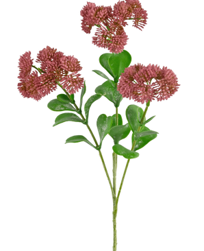 Ein künstlicher Sedumzweig, 56 cm, rosa mit grünen Blättern und Büscheln kleiner, runder, zarter rosaroter Blüten vor einem weißen Hintergrund.