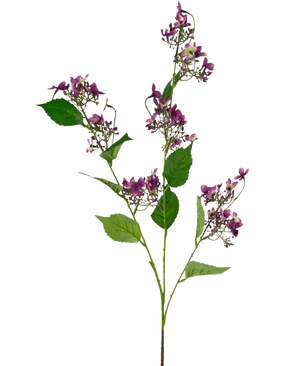 Die künstliche Blumen-Wildhortensie 86 cm lila hat einen einzelnen Stiel mit mehreren Büscheln kleiner lila Blüten und grünen Blättern, isoliert auf weißem Hintergrund.