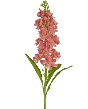 Die Kunstblume Violier 78 cm rosa ist eine künstliche rosafarbene Stockblume mit mehreren Blüten und grünen Blättern, die vor einem weißen Hintergrund präsentiert wird.