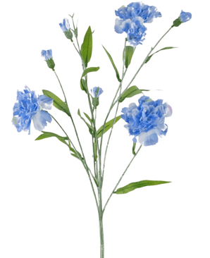 Der Kunstblumen-Nelkenstrauß 70 cm blau hat einen zarten Stiel mit mehreren hellblauen Nelkenblüten und grünen Blättern vor einem schlichten weißen Hintergrund.