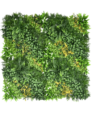 De Kunsthaag Limerence 100x100 cm UV is een vierkant verticaal tuinpaneel met dicht groen gebladerte en kleine gele bloemen, met gevarieerde bladvormen en texturen voor een weelderige, levendige look.