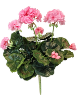 Die künstliche Geranie 40 cm rosa hat rosa Blüten und runde grüne Blätter an langen Stielen, die die Schönheit einer rosafarbenen Kunstpflanze oder einer künstlichen Geranie vor einem weißen Hintergrund zeigen.