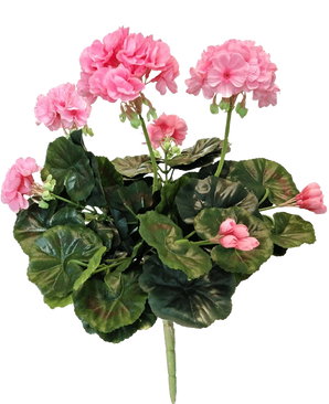 Die künstliche Geranie 40 cm rosa hat rosa Blüten und runde grüne Blätter an langen Stielen, die die Schönheit einer rosafarbenen Kunstpflanze oder einer künstlichen Geranie vor einem weißen Hintergrund zeigen.