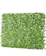 Die ausziehbare künstliche Efeu-Hecke 200 x 100 cm ist eine rechteckige, künstliche grüne Blattplatte auf einem Gitter, die einer grünen Hecke oder einem Sichtschutz ähnelt und vor einem weißen Hintergrund dargestellt wird.