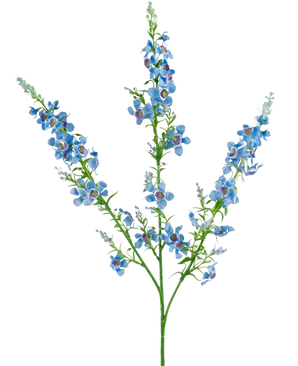 Die künstliche Blumen-Katzenminze, 75 cm, blau, hat einen einzelnen grünen Stiel, der sich in drei Zweige verzweigt, von denen jeder Büschel kleiner, leuchtend blauer Blüten mit violetter Mitte und grünen Blättern vor einem schlichten weißen Hintergrund trägt.
