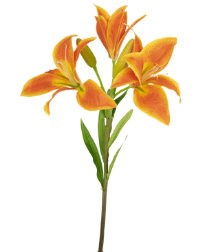 Die Kunstblume Asiatische Lilie 66 cm orange hat einen einzelnen Stiel mit drei offenen orangefarbenen Lilien, einer ungeöffneten Knospe und grünen Blättern vor einem hellen Hintergrund.