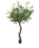 Der künstliche Olivenbaum 270 cm mit Oliven hat einen gedrehten Stamm und volle grüne Blätter mit realistischen Oliven, die wunderschön in einem Topf präsentiert und vor einem weißen Hintergrund dargestellt werden.