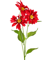 Die künstliche Gänseblümchenblume 78 cm rot besteht aus drei leuchtend roten künstlichen Gänseblümchen mit gelben Herzen und grünen Blättern an langen Stielen vor einem schlichten weißen Hintergrund.