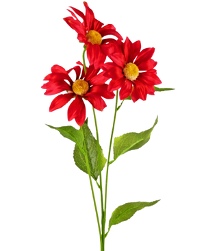 Die künstliche Gänseblümchenblume 78 cm rot besteht aus drei leuchtend roten künstlichen Gänseblümchen mit gelben Herzen und grünen Blättern an langen Stielen vor einem schlichten weißen Hintergrund.