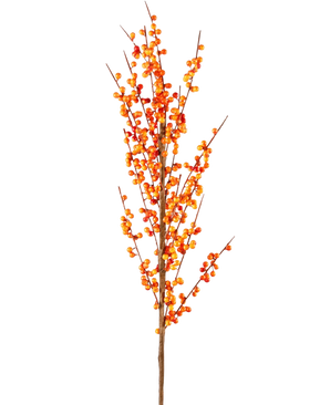 Der künstliche Zweig Ilex 100 cm orange hat einen einzelnen hohen Zweig mit vielen kleinen orangefarbenen Beeren an schlanken braunen Stielen vor einem schlichten weißen Hintergrund.