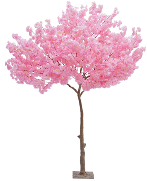 Der künstliche Baum Kirschblütenrosa 270 cm ist ein hoher künstlicher Weihnachtsbaum mit einem schlanken braunen Stamm und dichten Büscheln leuchtend rosa Blüten vor einem schlichten weißen Hintergrund.