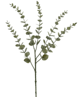 Die künstliche Blume Eukalyptus Yugali 71 cm ist ein einzelner künstlicher Stiel mit fünf verzweigten Zweigen und kleinen, runden grünen Blättern, isoliert auf weißem Hintergrund dargestellt.