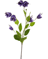 Der künstliche Blumen-Scheckenfalter 81 cm lila hat einen einzelnen Stiel mit mehreren grünen Blättern und lila glockenförmigen Blüten, dargestellt vor einem weißen Hintergrund.