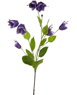 Der künstliche Blumen-Scheckenfalter 81 cm lila hat einen einzelnen Stiel mit mehreren grünen Blättern und lila glockenförmigen Blüten, dargestellt vor einem weißen Hintergrund.