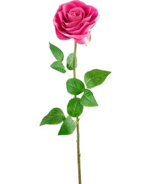 Die künstliche Rose „Real Touch“ (56 cm) besteht aus einer einzelnen rosafarbenen Kunstrose mit naturgetreuen grünen Blättern an einem langen Stiel vor einem schlichten weißen Hintergrund.