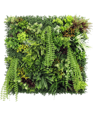 Die künstliche Hecke Lush Deco Deluxe 100 x 100 cm UV ist ein quadratisches vertikales Gartenpaneel mit dichtem, strukturiertem Grün mit einer Mischung aus Laubpflanzen, Farnen und Gräsern – perfekt für die Schaffung einer lebendigen natürlichen Darstellung vor einem weißen Hintergrund.
