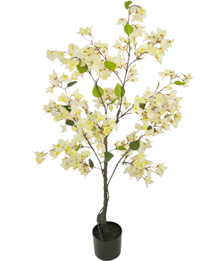 Die künstliche Bougainvillea 120 cm weiß ist ein künstlicher Baum im Topf mit schlanken Zweigen, grünen Blättern und üppigen hellgelben und weißen Blüten vor einem schlichten weißen Hintergrund.