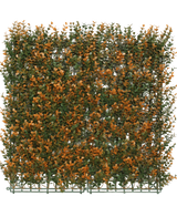 De Kunsthaag Buxus oranje 50x50 cm UV is een vierkant kunstpaneel met groen en oranje gebladerte op een kunststof rooster, ideaal als decoratieve haag of privacyscherm, hier afgebeeld tegen een effen witte achtergrond.