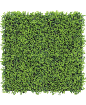 Künstliche Hecke Cupressus 50x50 cm UV: Eine dichte, leuchtend grüne künstliche Heckenplatte, von oben betrachtet vor einem weißen Hintergrund, ideal für die Gestaltung realistischer Pflanzenwände.