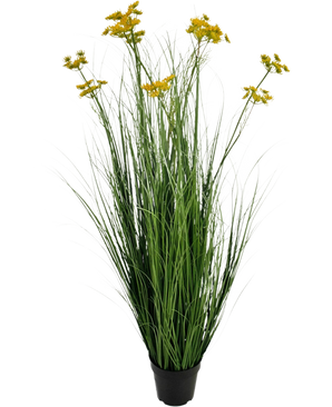 Der künstliche Graswurzelblumen-Zwiebelgrastopf 120 cm ist eine feuerhemmende Kunstpflanze in einem Topf mit langen grünen, grasähnlichen Blättern und Büscheln kleiner gelber Blüten, isoliert auf weißem Hintergrund.