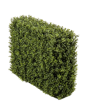 Die künstliche Buchsbaumhecke UV 70x20x50 cm, eine dichte grüne Rechteckhecke mit kleinen Blättern, wird in einem UV-geschützten Kunststoffpflanzgefäß vor einem schlichten weißen Hintergrund gezeigt.