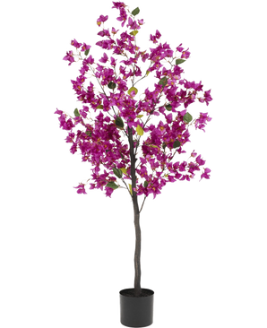 Die künstliche Bougainvillea 150 cm Lila hat einen hohen, schlanken Stiel mit leuchtend violetten Blüten und grünen Blättern, in einem einfachen schwarzen Topf vor einem weißen Hintergrund.