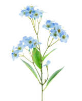 Vor einem schlichten weißen Hintergrund steht eine künstliche Blumenorchidee Real Touch Blue 50 cm mit zarten hellblauen Blütensträußen und einigen grünen Blättern.