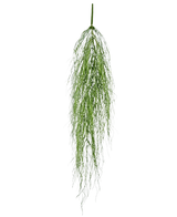 Die künstliche Hängepflanze Kelpgras 91 cm hat einen einzelnen Stiel aus flauschig grünem Kunstlaub mit langen, dünnen Blättern, die anmutig vor einem schlichten weißen Hintergrund fallen.