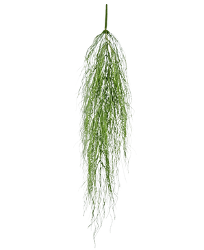 Die künstliche Hängepflanze Kelpgras 91 cm hat einen einzelnen Stiel aus flauschig grünem Kunstlaub mit langen, dünnen Blättern, die anmutig vor einem schlichten weißen Hintergrund fallen.