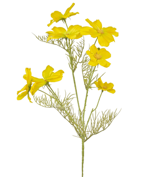 Der künstliche Blumenkörbchen 74 cm gelb hat leuchtend gelbe Blüten und zarte, federgrüne Blätter an schlanken Stielen – perfekt für die Gestaltung eines Blumenstraußes vor einem schlichten weißen Hintergrund.