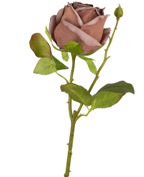 Eine luxuriöse Kunstblume: die künstliche Rose Deluxe 45 cm, getrocknetes Lila mit grünen Blättern und einer kleinen ungeöffneten Knospe an einem langen Stiel, dargestellt vor einem weißen Hintergrund.