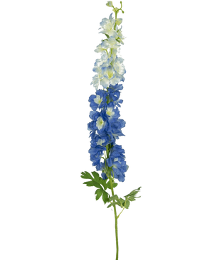 Die künstliche Blume Delphinium 105 cm blau hat einen einzelnen langen Stiel mit blau-weißen Blüten und grünen Blättern vor einem schlichten weißen Hintergrund.