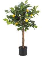 Der künstliche Zitronenbaum 75 cm ist ein kleiner künstlicher Zitronenbaum mit braunem Stamm, grünen Blättern und mehreren gelben Kunstzitronen vor einem schlichten weißen Hintergrund.