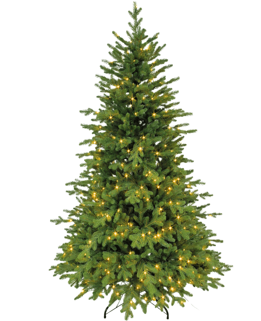 Der künstliche Weihnachtsbaum „Vinje“ 100 % PE – Smart LED ist ein grüner künstlicher Weihnachtsbaum mit PE-Nadeln und kleinen warmweißen Lichtern auf einem schwarzen Metallständer, der vor einem schlichten weißen Hintergrund eine echte Optik bietet.