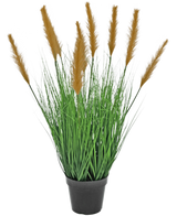 Die feuerhemmende Kunstrasenpflanze Strauß 80 cm hat lange, schlanke grüne Halme und hohe braune Federn in einem schwarzen Topf vor einem weißen Hintergrund – ideal für Kunstpflanzenliebhaber.