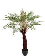 Die Kunstpflanze Dicksonia 127 cm ist ein hoher Farn in einem Topf mit einem braunen, strukturierten Stamm und langen, gebogenen grünen Blättern vor einem weißen Hintergrund.