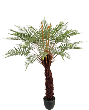 Die Kunstpflanze Dicksonia 127 cm ist ein hoher Farn in einem Topf mit einem braunen, strukturierten Stamm und langen, gebogenen grünen Blättern vor einem weißen Hintergrund.