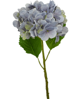 Eine einzelne künstliche Hydrangea Deluxe 57 cm lila Stiel mit hellvioletten Blütenblättern und zwei großen grünen Blättern, isoliert auf weißem Hintergrund.