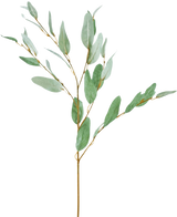 Der künstliche Zweig Eukalyptus 86 cm grün besteht aus einem einzelnen dekorativen Eukalyptuszweig mit schlanken grünen Seidenblättern und dünnen braunen Stielen, isoliert auf einem weißen Hintergrund.