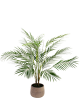 Die künstliche Palme Chamaedorea 83 cm hat lange, schlanke grüne Blätter und mehrere Stiele in einem hellbraunen, strukturierten Topf vor einem schlichten weißen Hintergrund.