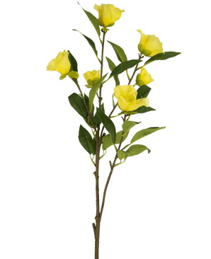 Die künstliche Blumenkamelie 80 cm gelb hat einen einzelnen Stiel mit mehreren leuchtend gelben künstlichen Kamelienblüten und grünen Blättern, dargestellt vor einem schlichten weißen Hintergrund.