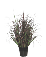 Die Kunstrasenpflanze Wild Lawn 70 cm, feuerhemmend, hat dunkelgrüne und rot-lila schmale Blätter in einem schwarzen Topf – perfekt als wartungsfreie Pflanze für jeden Innenraum.