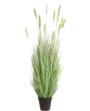 De Kunst Grasplant Groen 180 cm brandvertragend heeft lange, slanke groene sprieten en tarwe-achtige aren in een zwarte pot-ideaal voor stijlvolle interieur decoratie en extra veiligheid.