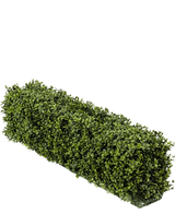 Eine künstliche Buchsbaumhecke UV im Format 100 x 20 x 25 cm hat eine rechteckige Hecke mit dichten grünen künstlichen Buchsbaumblättern vor einem schlichten weißen Hintergrund.
