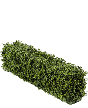 Eine künstliche Buchsbaumhecke UV im Format 100 x 20 x 25 cm hat eine rechteckige Hecke mit dichten grünen künstlichen Buchsbaumblättern vor einem schlichten weißen Hintergrund.